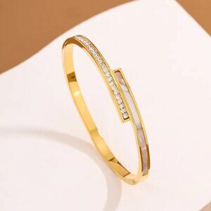 18K Gold Plated Zircon Crystal Bar Bangle, Mother of Pearl Inlay
